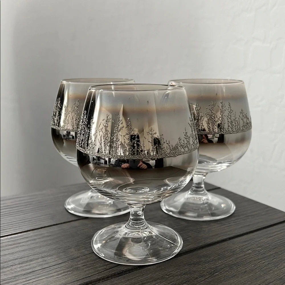 Vintage MCM 1950's Platinum Ombre Fade Snifter Glasses Raised Design (Set of 3)